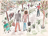 Walking with Man on Bus, Central Park