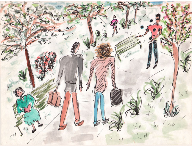 Walking with Man on Bus, Central Park